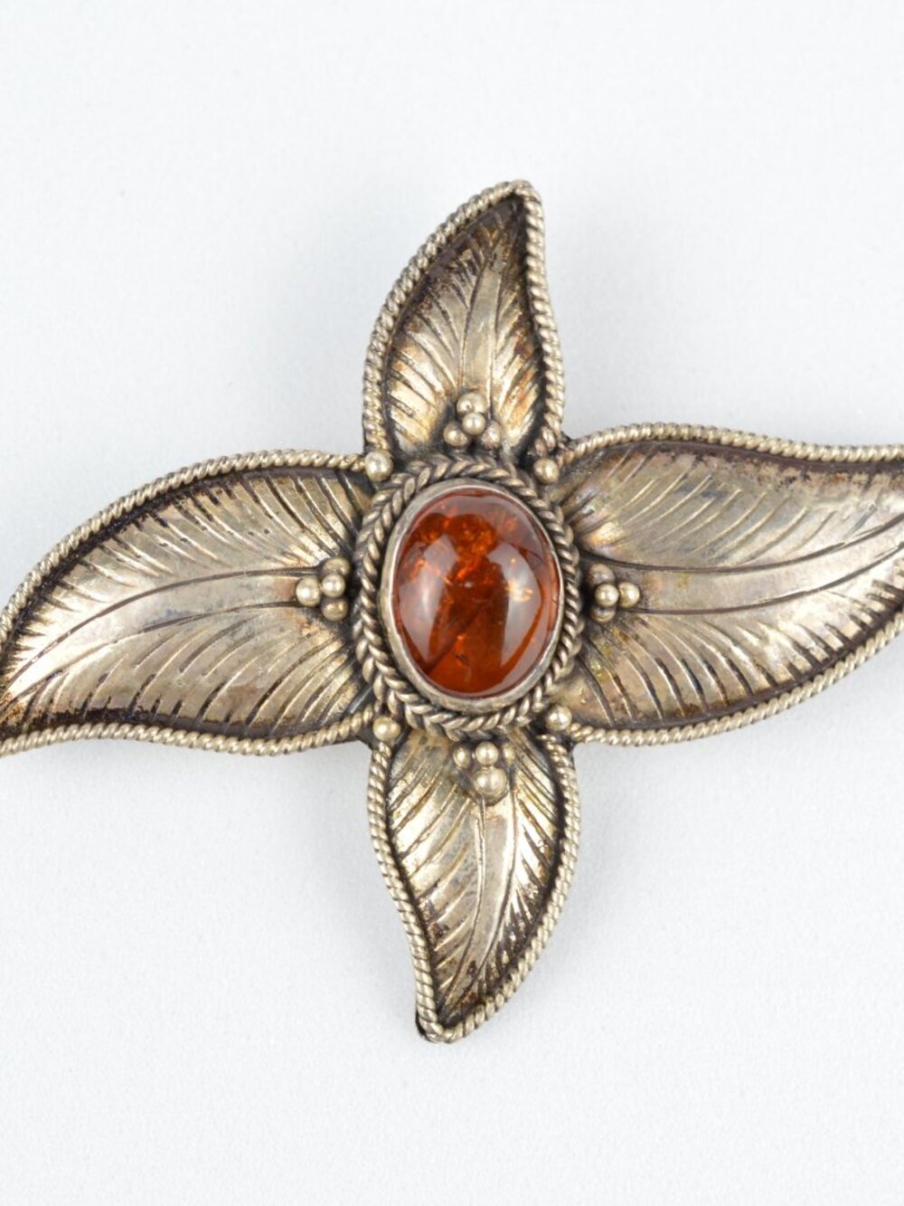 Vintage 925 Sterling Silver Baltic Amber Brooch Pin Flower Star 1.75" 5.2g